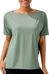 Ice Silk Women's Short Sleeve Workout Shirts Quick Dry Boat Neck Loose Fit Athletic Running Tee Tops
