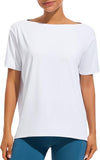 Ice Silk Women's Short Sleeve Workout Shirts Quick Dry Boat Neck Loose Fit Athletic Running Tee Tops